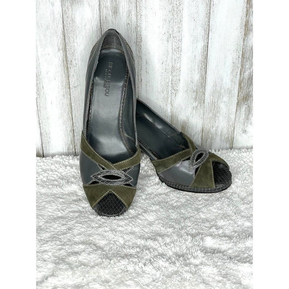 Bisou Bisou Michele Bohbot Gray & Green Suede Peep Toe Heels Size 6